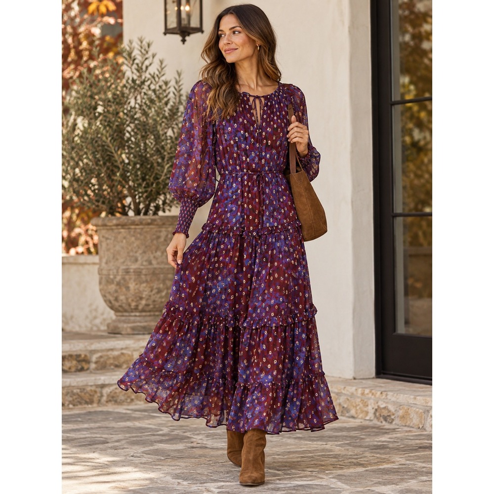 Cleobella Addison Purple Metallic Tiered Maxi Dress (MSRP: $228) XS